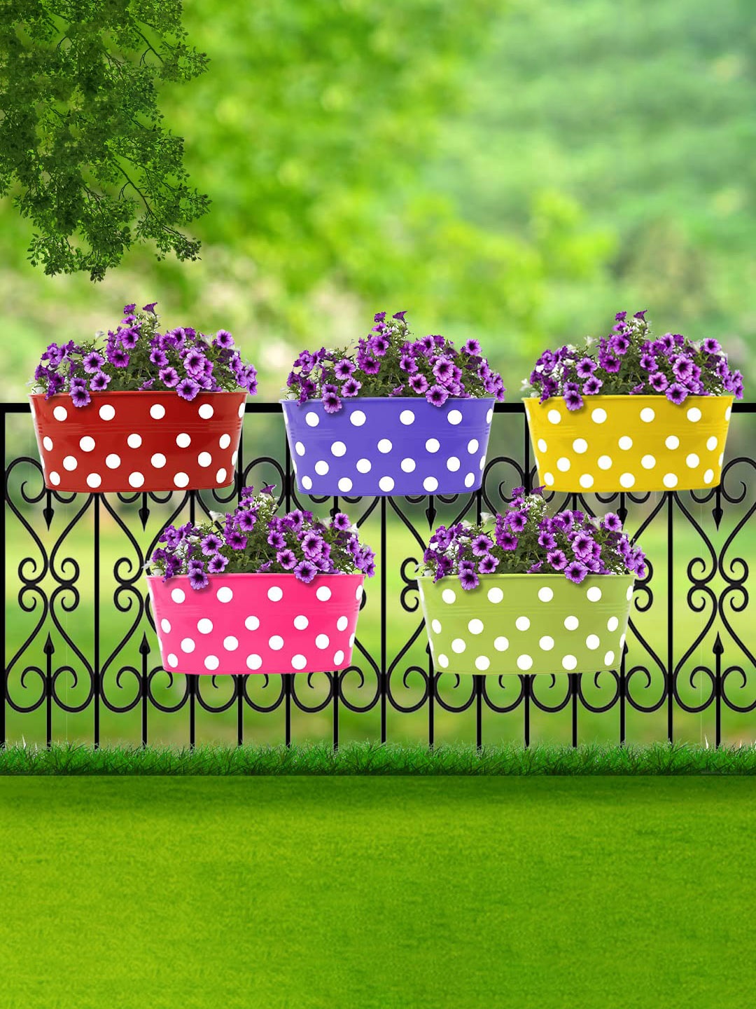 

TRUSTBASKET 5-Pieces Green & Red Dotted Oval Railing Planters