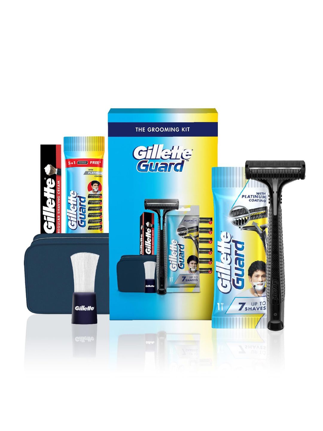 

Gillette Men Guard Shaving Kit - 1 Razor, 6 Cartridges, 1 Cream, 1 Brush, 1 Travel Pouch, Blue