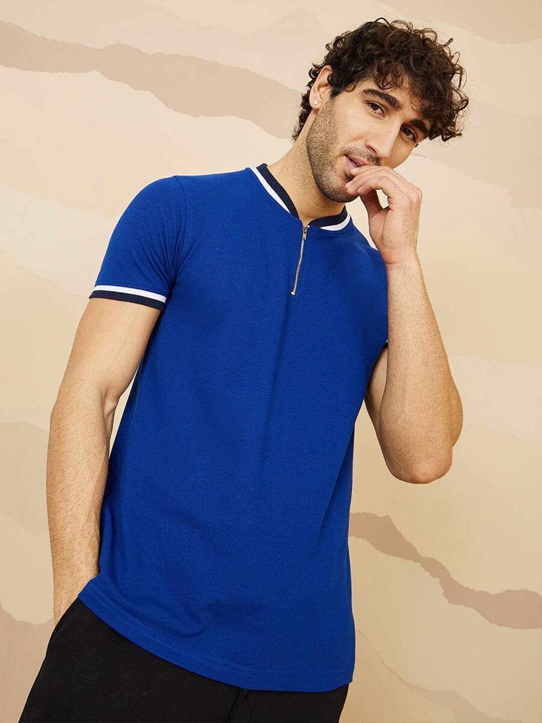 

Styli Cotton Baseball Collar Pique Polo T-shirt With Twin Tipping And Zip, Navy blue