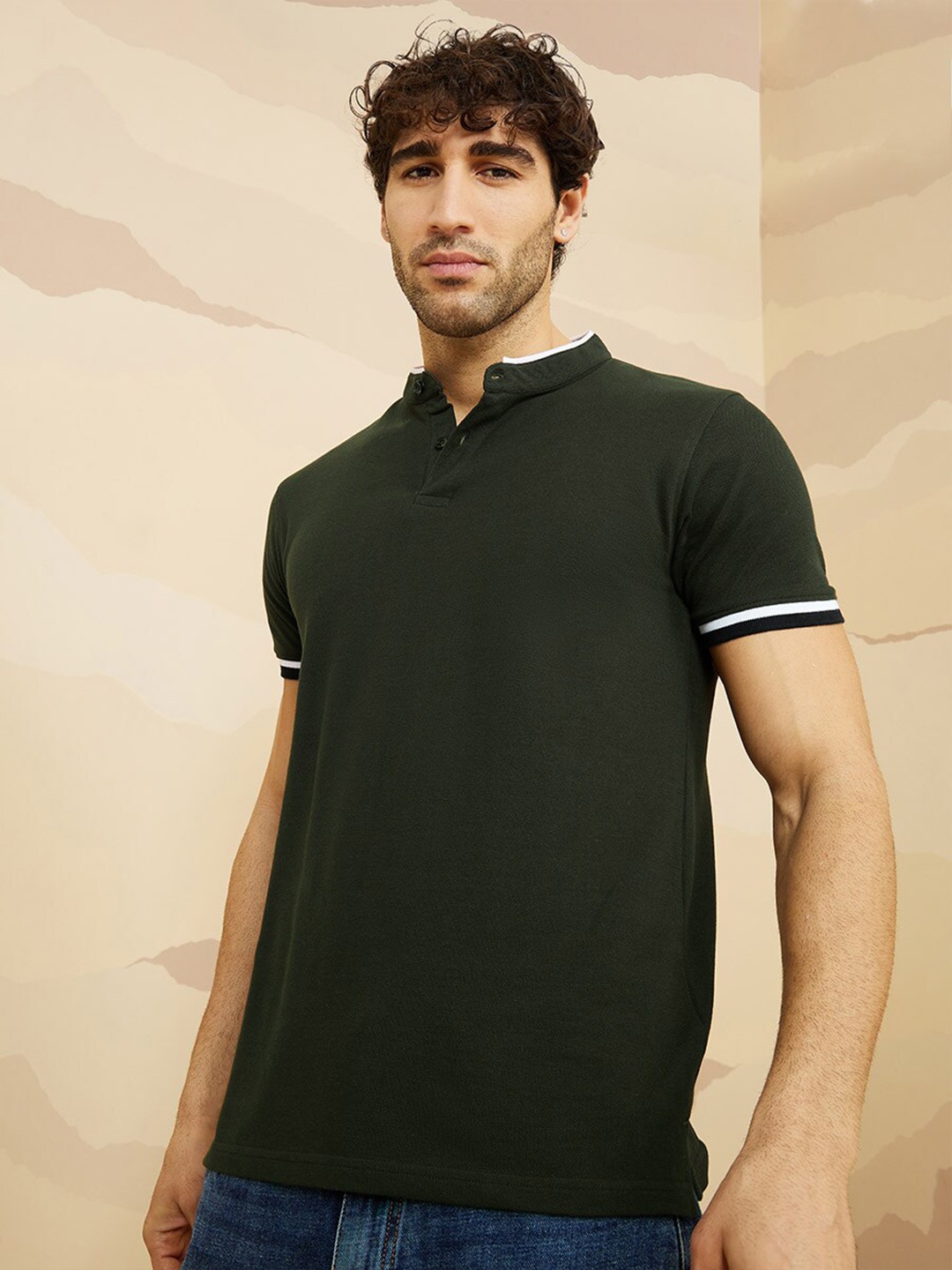 

Styli Men Henley Neck Cotton T-shirt, Olive