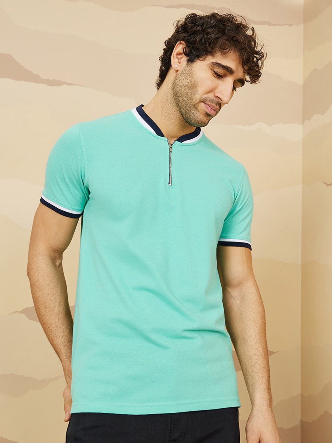 

Styli Solid Mandarin Collar Pique Knitted T-shirt, Green