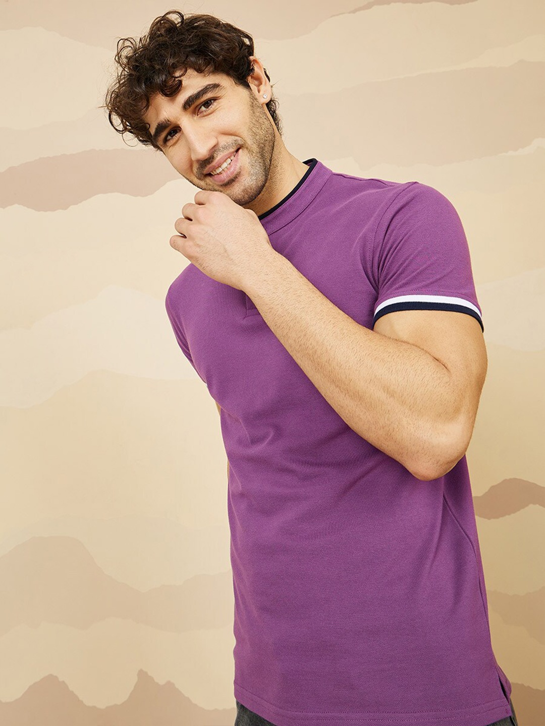 

Styli Men Pique Stand Collar Contrast Tipping Detail T-shirt, Purple