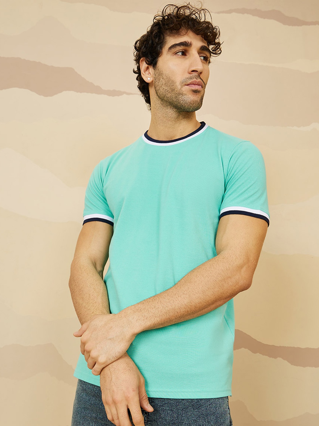 

Styli Pique Knit Ringer Regular T-Shirt with Twin Tipping, Sea green