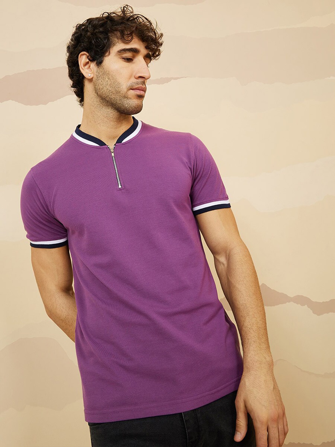 

Styli Men Mandarin Collar Cotton T-shirt, Purple