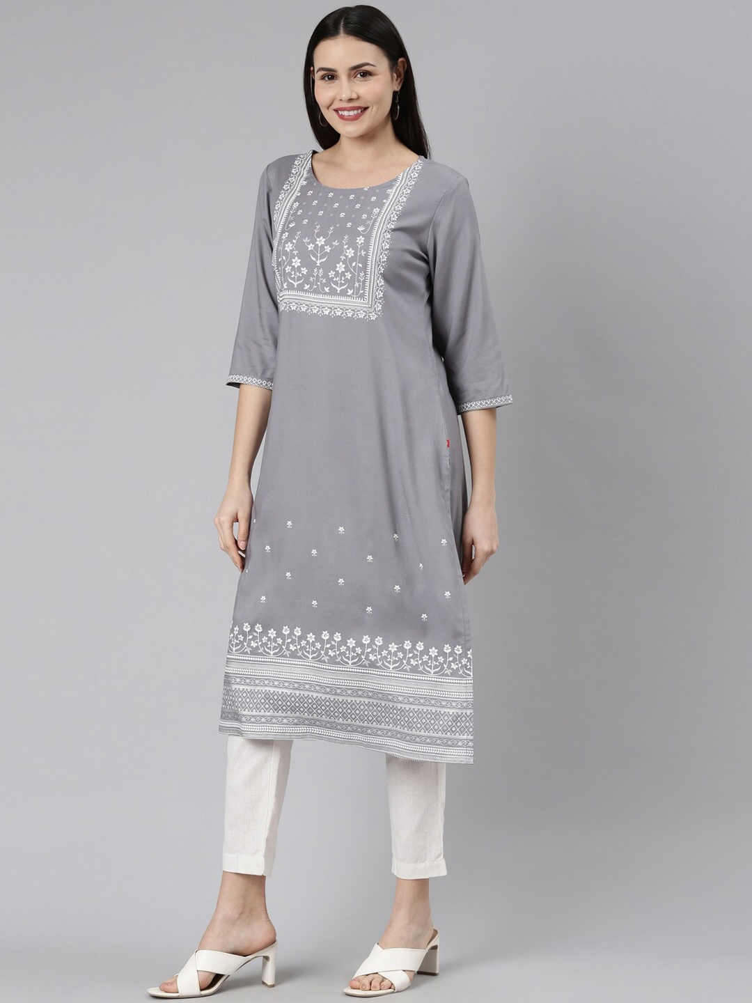 

Marcia Ethnic Motifs Yoke Design Cotton Straight Kurta, Grey