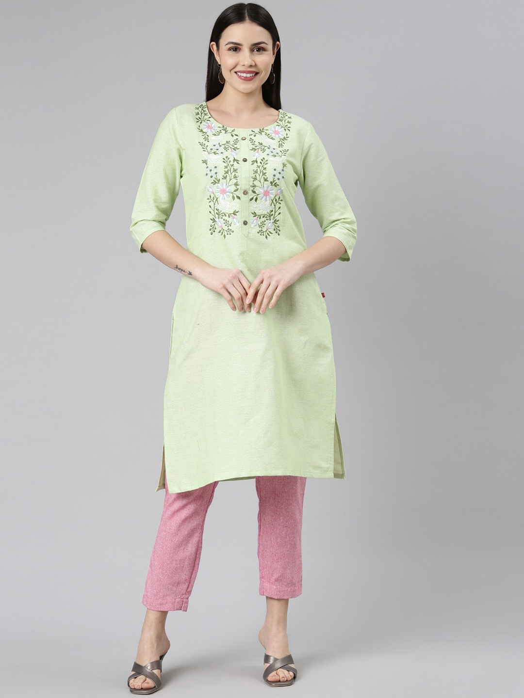 

Marcia Floral Yoke Design Thread Work Pure Cotton A-Line Kurta, Green