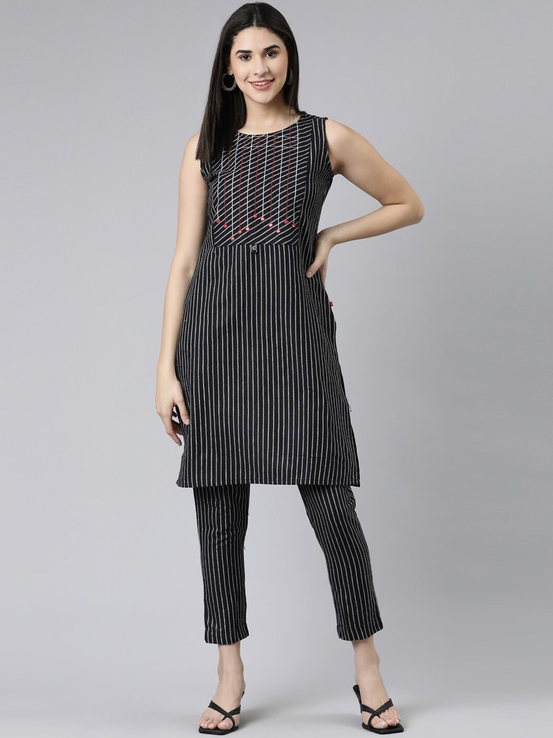 

Marcia Striped Mirror Work Pure Cotton Kurta with Trousers, Black