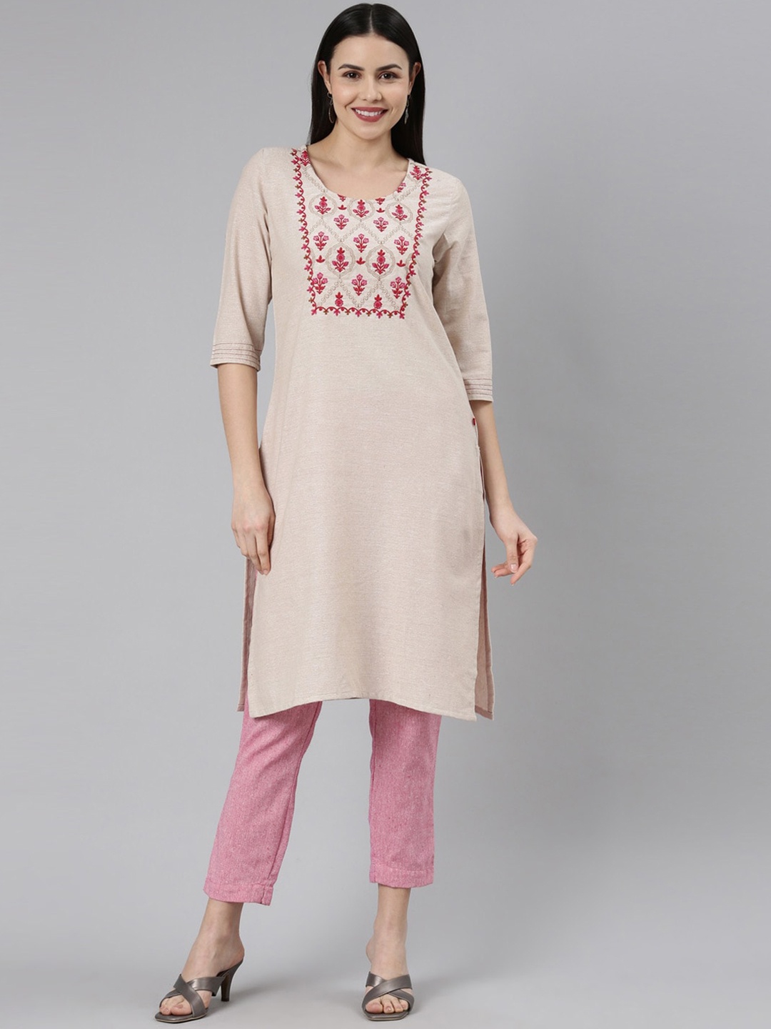 

Marcia Floral Yoke Design Cotton Straight Kurta, Beige
