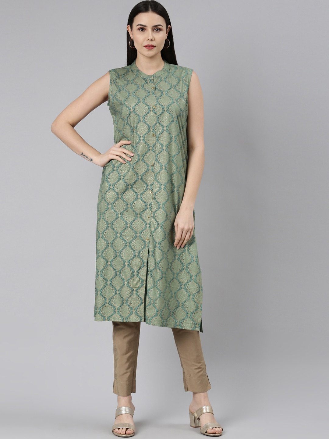

Marcia Ethnic Motifs Printed Band Collar Kurta, Green