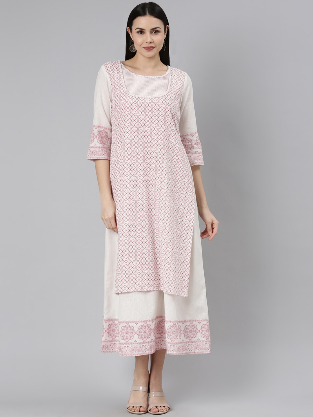 

Marcia Printed Layered Pure Cotton A-Line Ethnic Dress, White