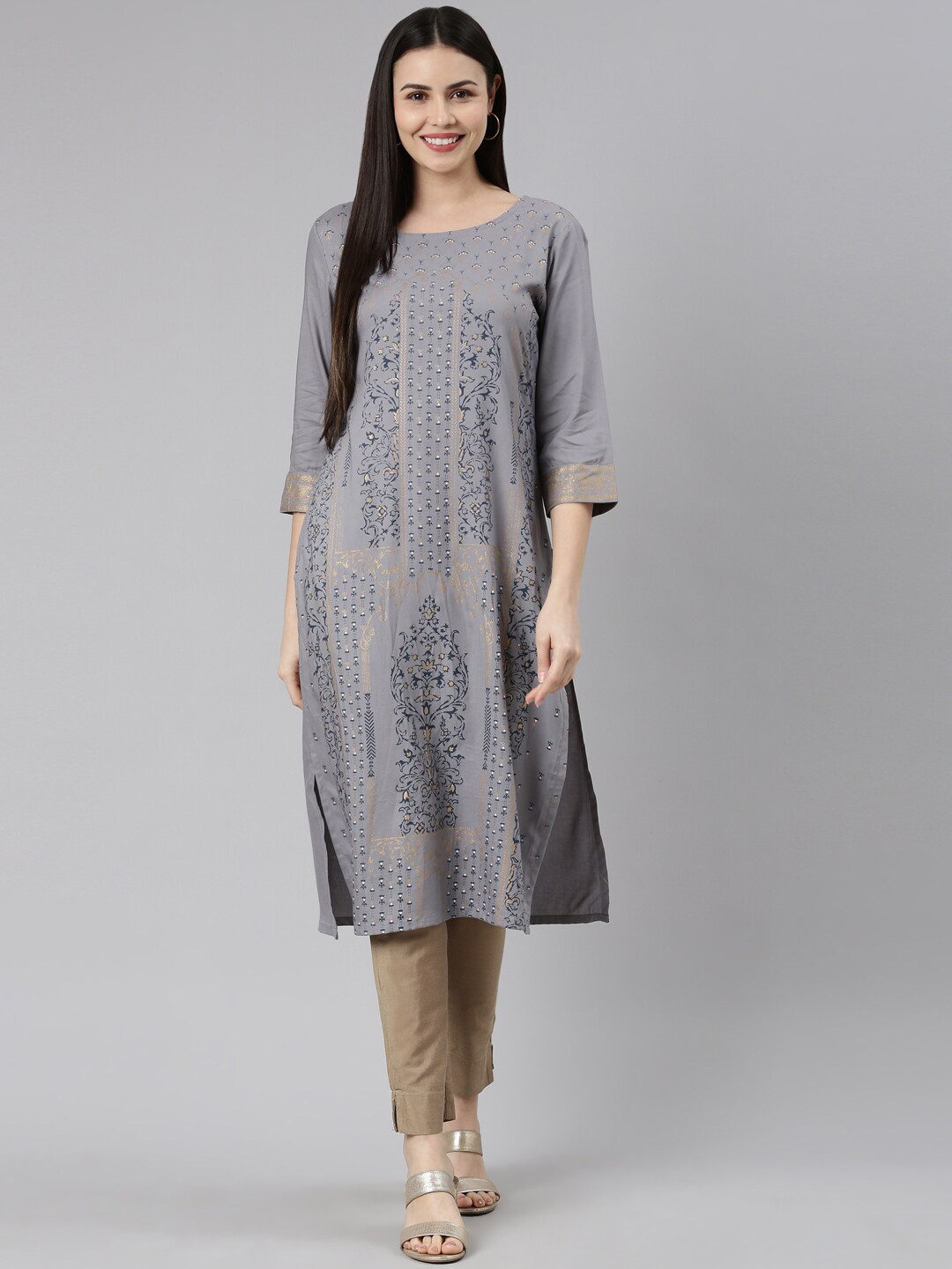 

Marcia Women Ethnic Motifs Printed Straight Kurta, Grey