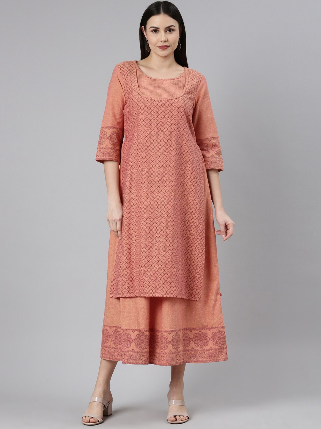 

Marcia Printed Pure Cotton Layered A-line Ethnic Dress, Peach