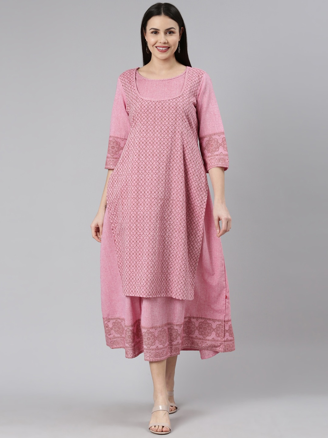 

Marcia Geometric Printed Pure Cotton Layered A-Line Ethnic Dress, Pink