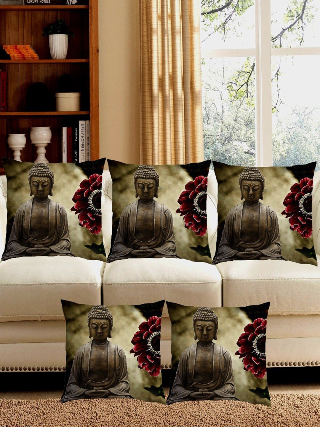 

Bajo's Brown & Cream-Coloured 5 Pcs Buddha Printed Square Cushion Covers