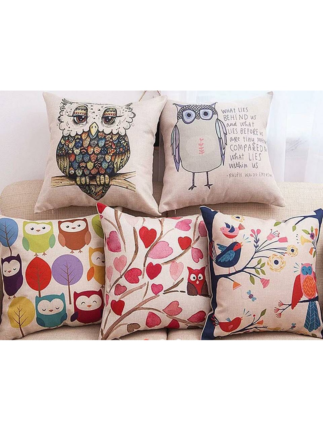 

Bajo's Cream & Blue 5 Pcs Quirky Square Cushion Covers