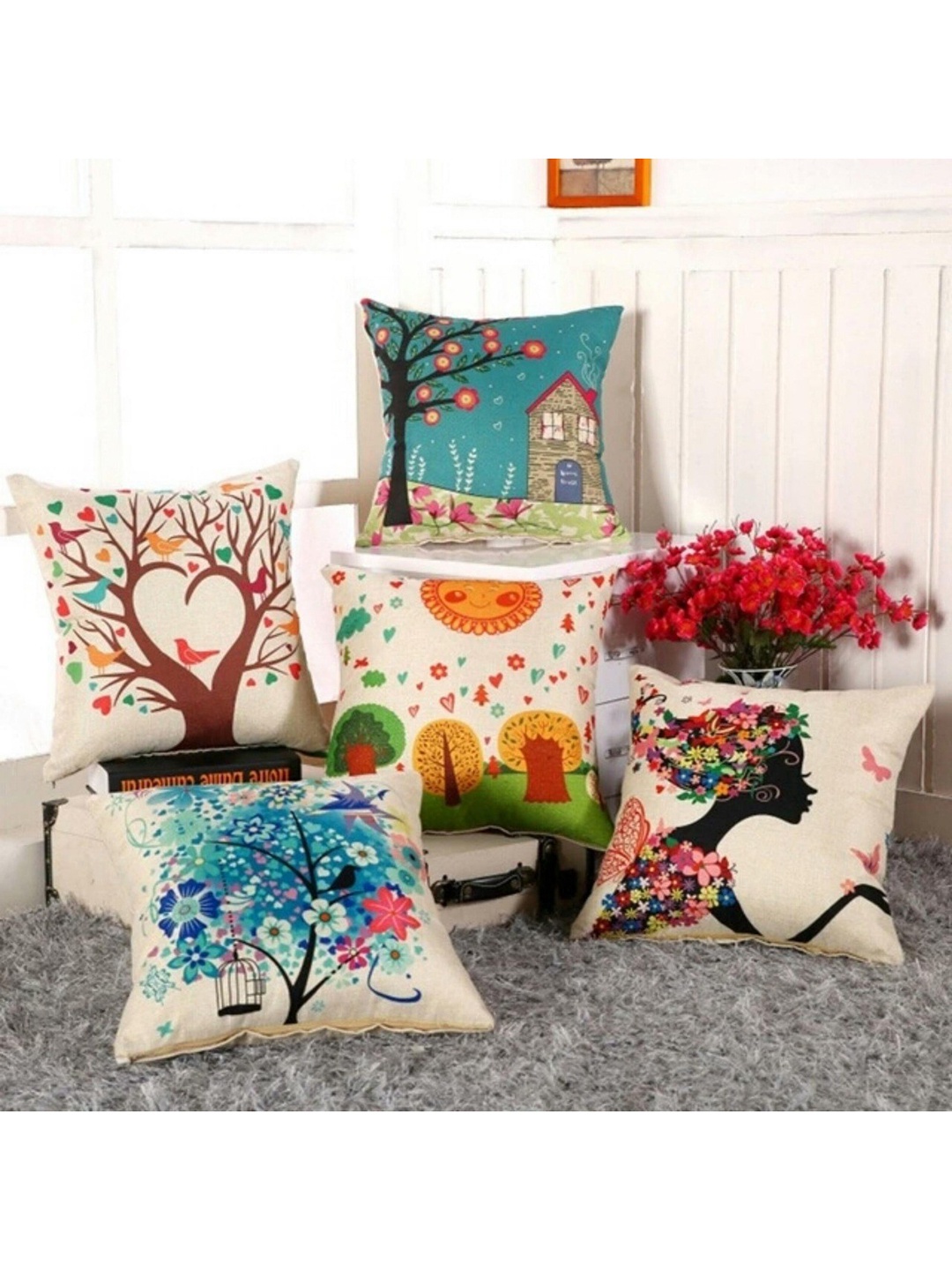 

Bajo's White & Blue 5 Pcs Quirky Square Cushion Covers