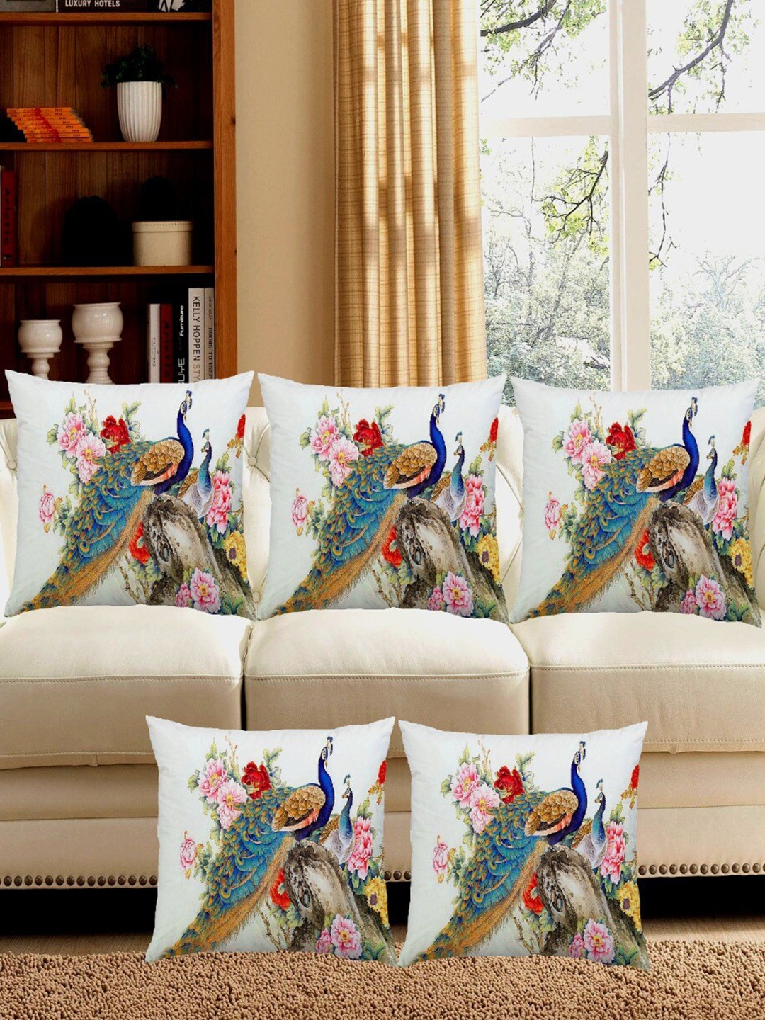 

Bajo's White & Blue 5 Pcs Peacock Printed Square Cushion Covers