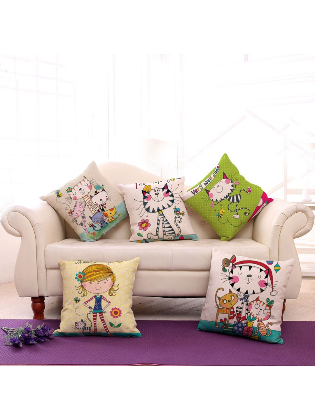 

Bajo's White & Green 5 Pcs Conversational Printed Square Cushion Covers