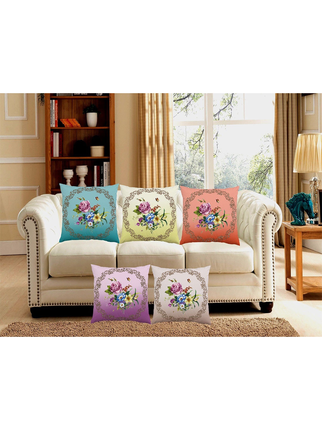 

Bajo's Green & Pink 5 Pcs Floral Printed Square Cushion Covers