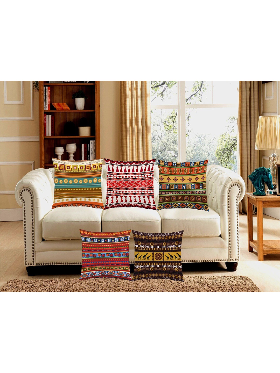 

Bajo's Brown & Red 5 Pcs Ethnic Motifs Printed Square Cushion Covers