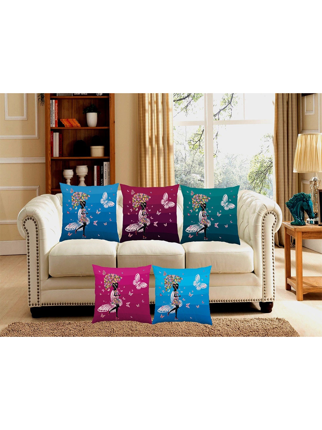 

Bajo's Blue & Pink 5 Pcs Quirky Printed Square Cushion Covers