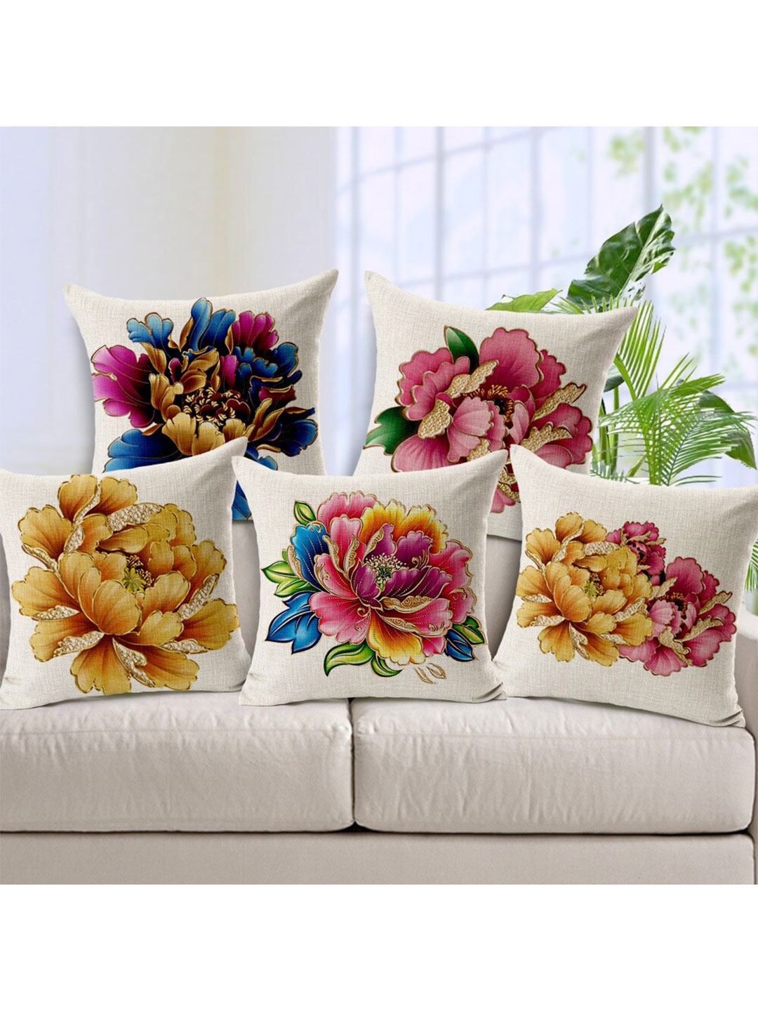 

Bajo's White & Pink 5 Pcs Floral Printed Square Cushion Covers