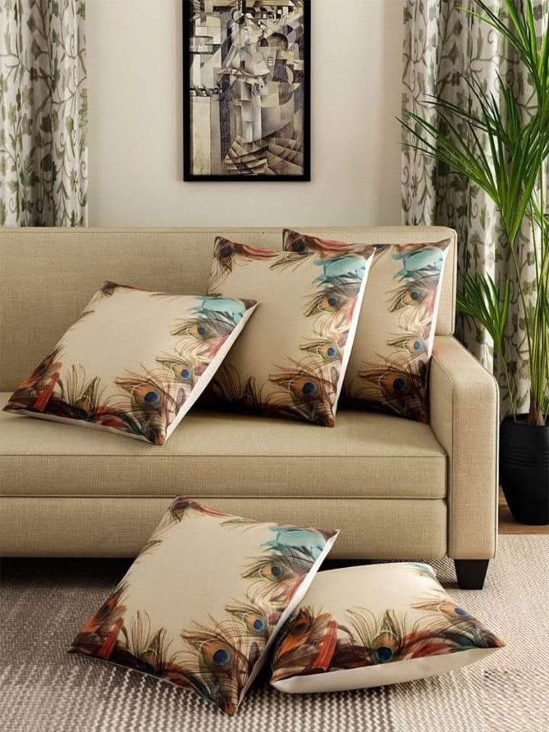 

Bajo's Beige & Blue 5 Pcs Quirky Printed Square Cushion Covers