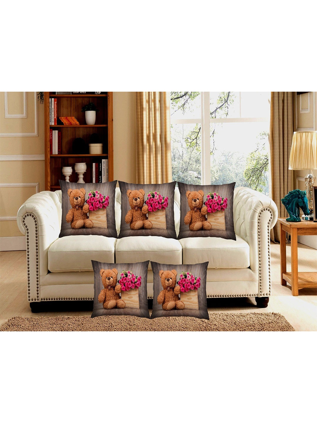 

Bajo's Grey & Brown 5 Pcs Quirky Printed Square Cushion Covers