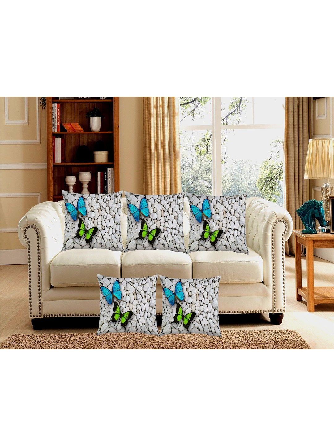 

Bajo's White & Green 5 Pcs Quirky Printed Square Cushion Covers