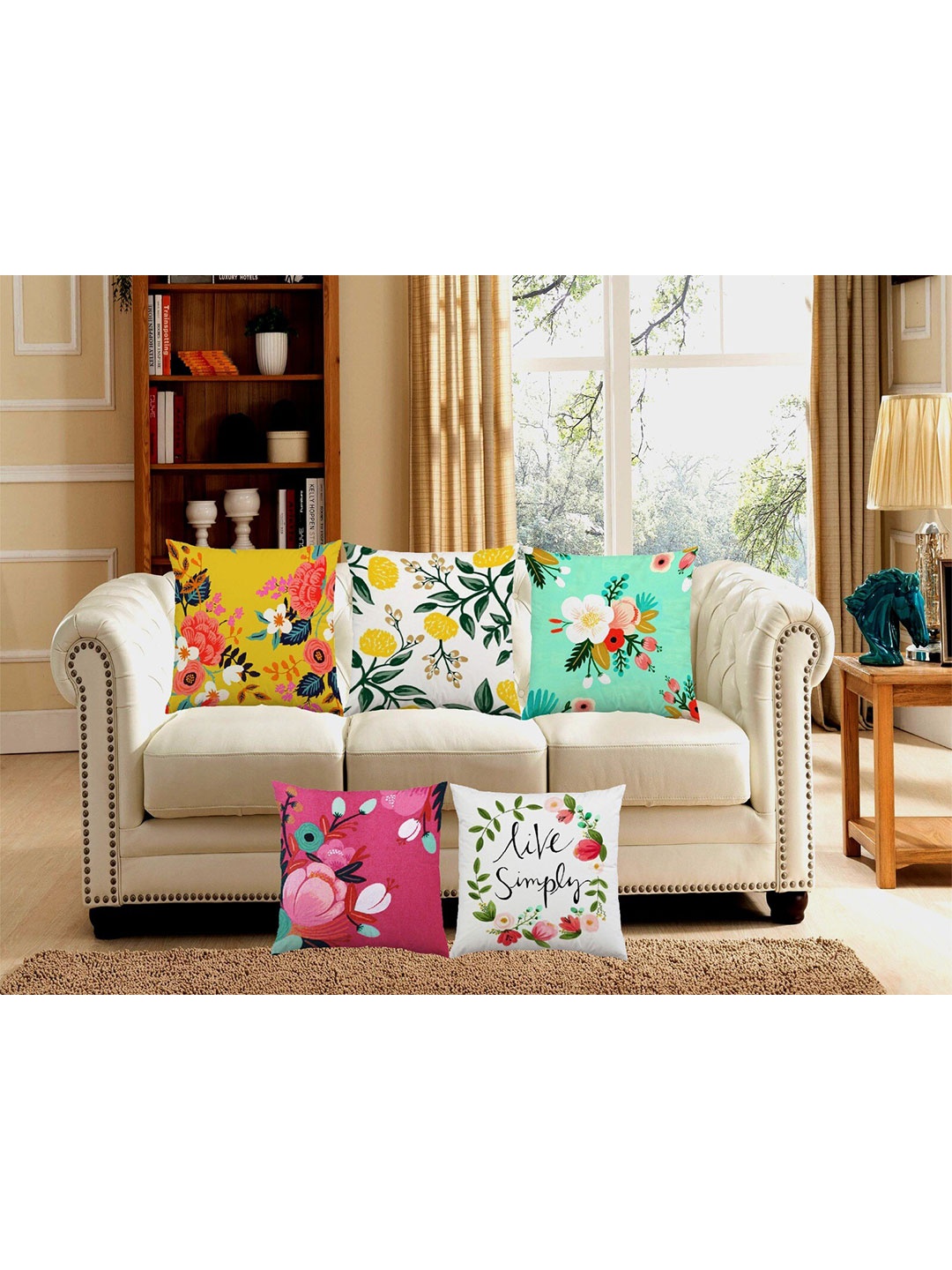 

Bajo's Green & White 5 Pcs Floral Printed Jute Silk Square Cushion Covers