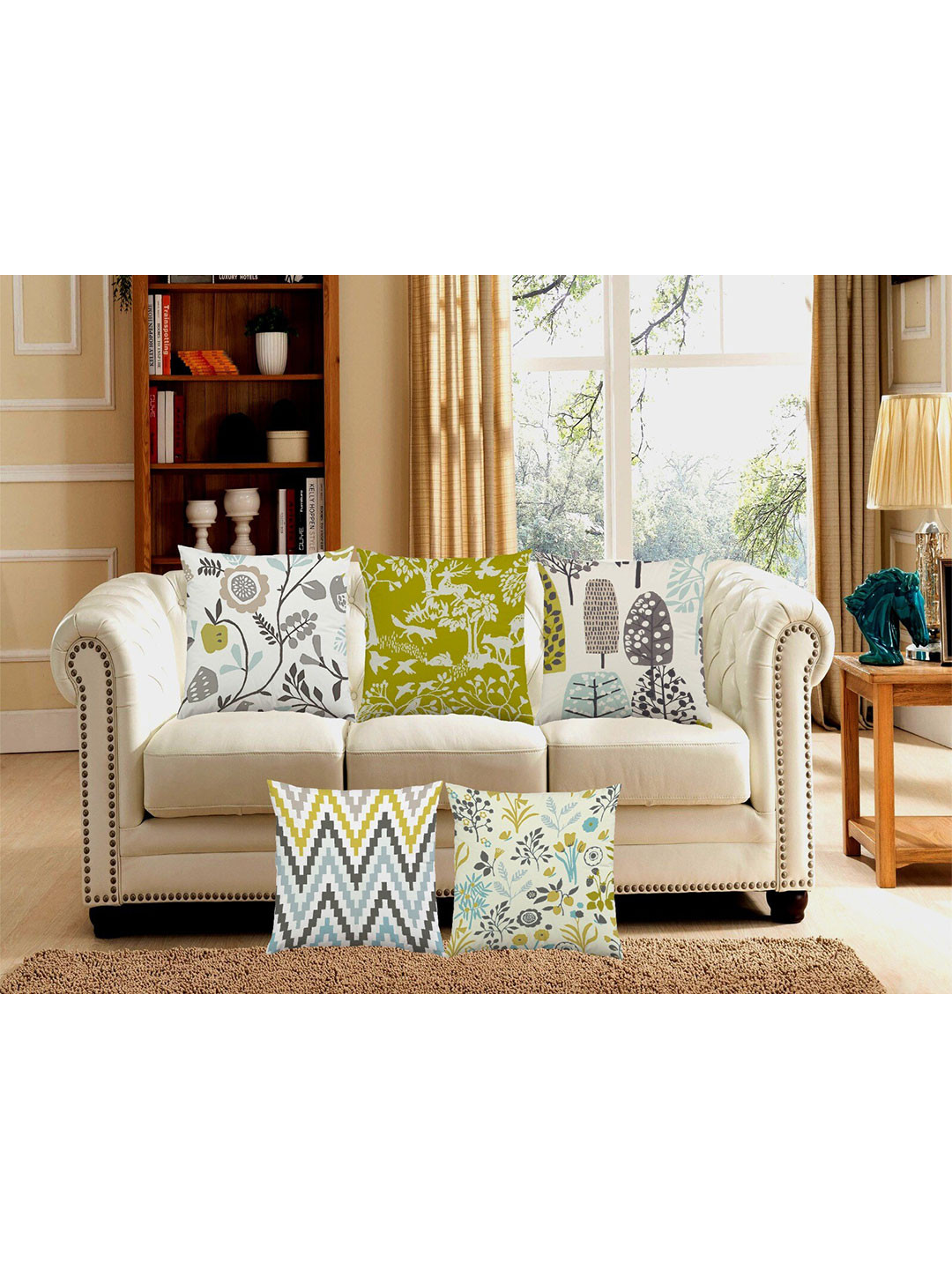 

Bajo's White & Green 5 Pcs Floral Printed Jute Silk Square Cushion Covers