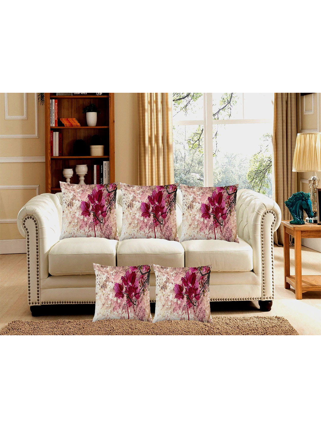 

Bajo's White & Pink 5 Pcs Floral Printed Jute Silk Square Cushion Covers