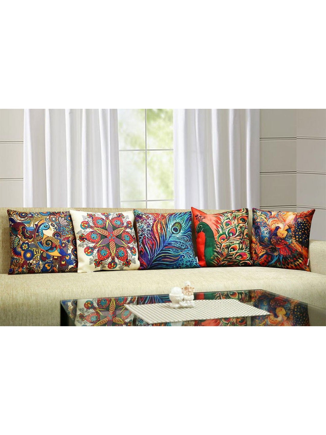 

Bajo's Blue & Red 5 Pcs Ethnic Motifs Printed Square Cushion Covers