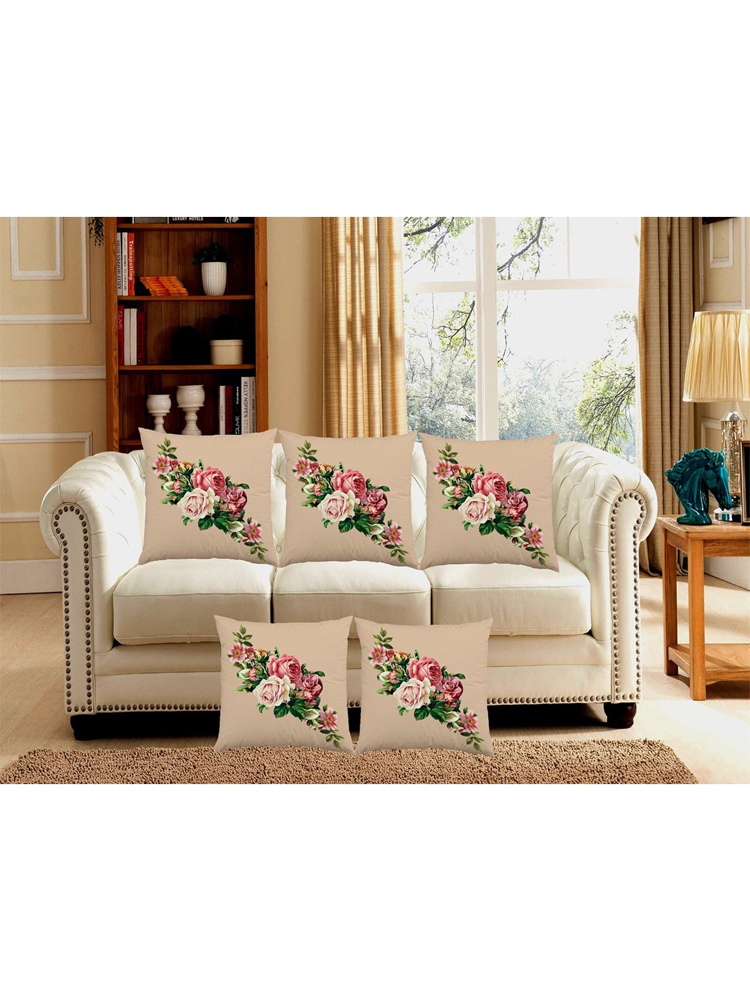 

Bajo's Beige & Green 5 Pcs Floral Printed Square Cushion Covers