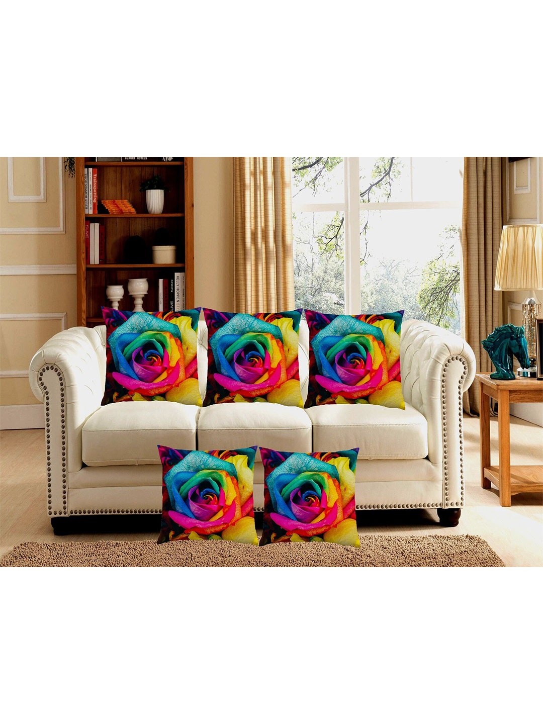 

Bajo's Yellow & Blue 5 Pcs Floral Printed Square Cushion Covers