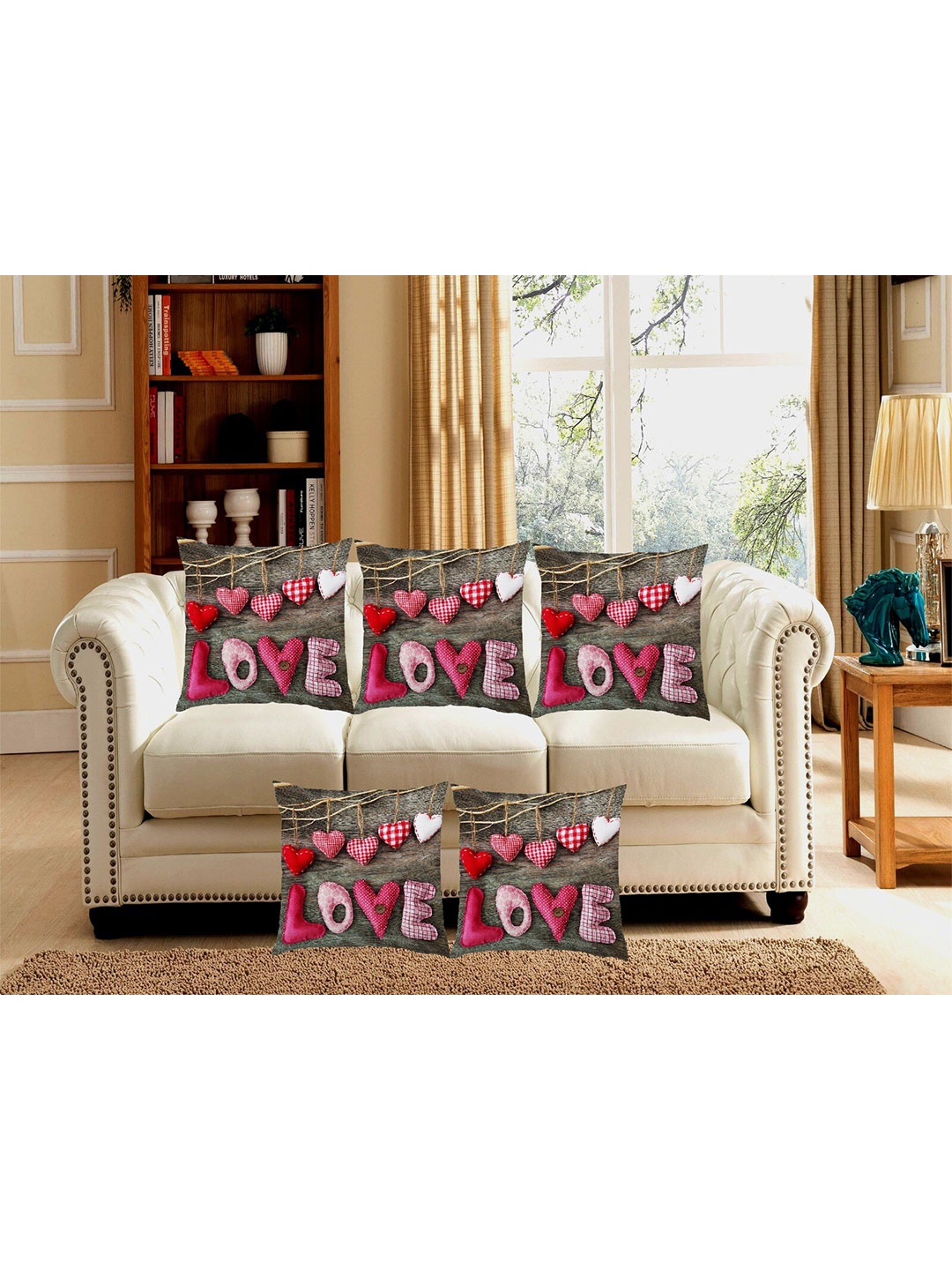 

Bajo's Brown & Pink 5 Pcs Quirky Square Cushion Covers