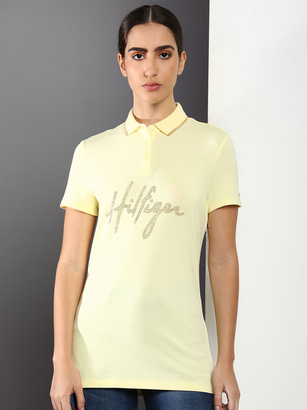 

Tommy Hilfiger Typography Printed Polo Collar Cotton T-shirt, Yellow