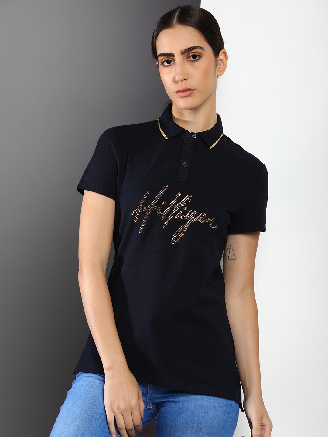 

Tommy Hilfiger Typography Polo Collar Cotton T-shirt, Navy blue