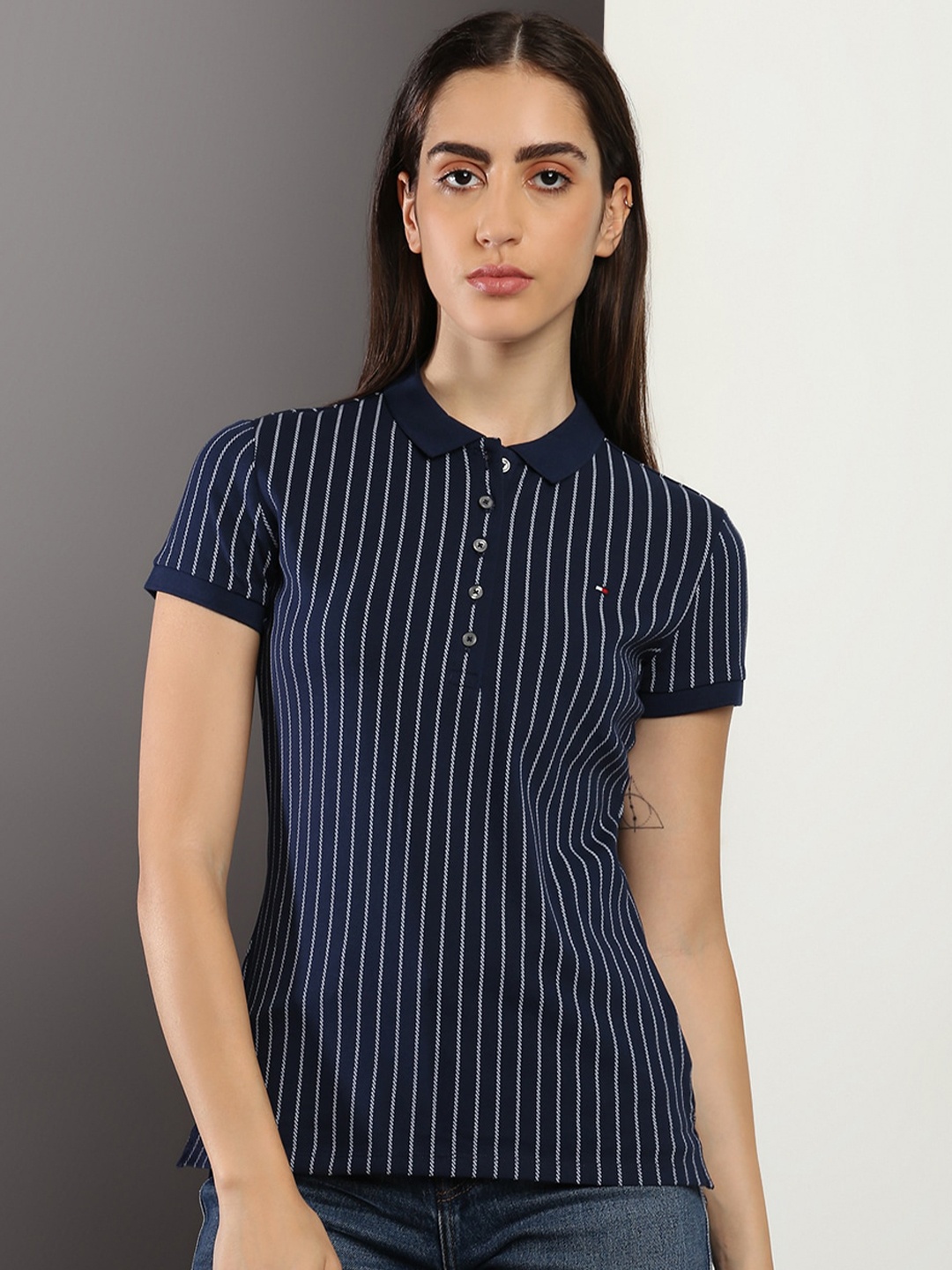 

Tommy Hilfiger Striped Polo Collar Slim Fit Cotton T-shirt, Navy blue