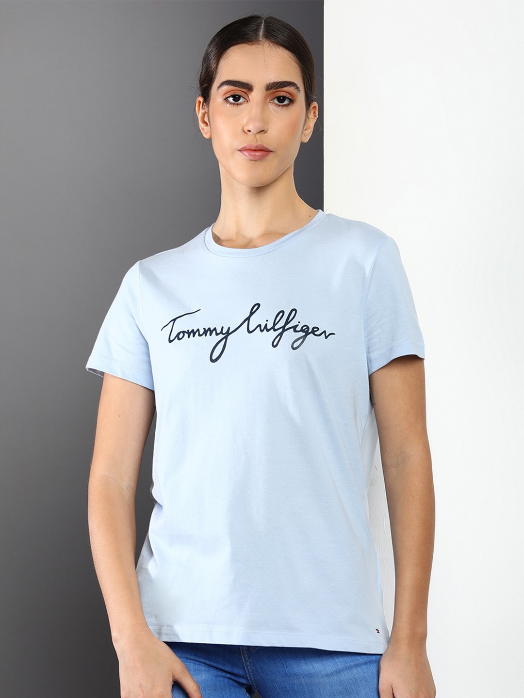 

Tommy Hilfiger Women Typography Printed Round Neck Cotton T-shirt, Blue