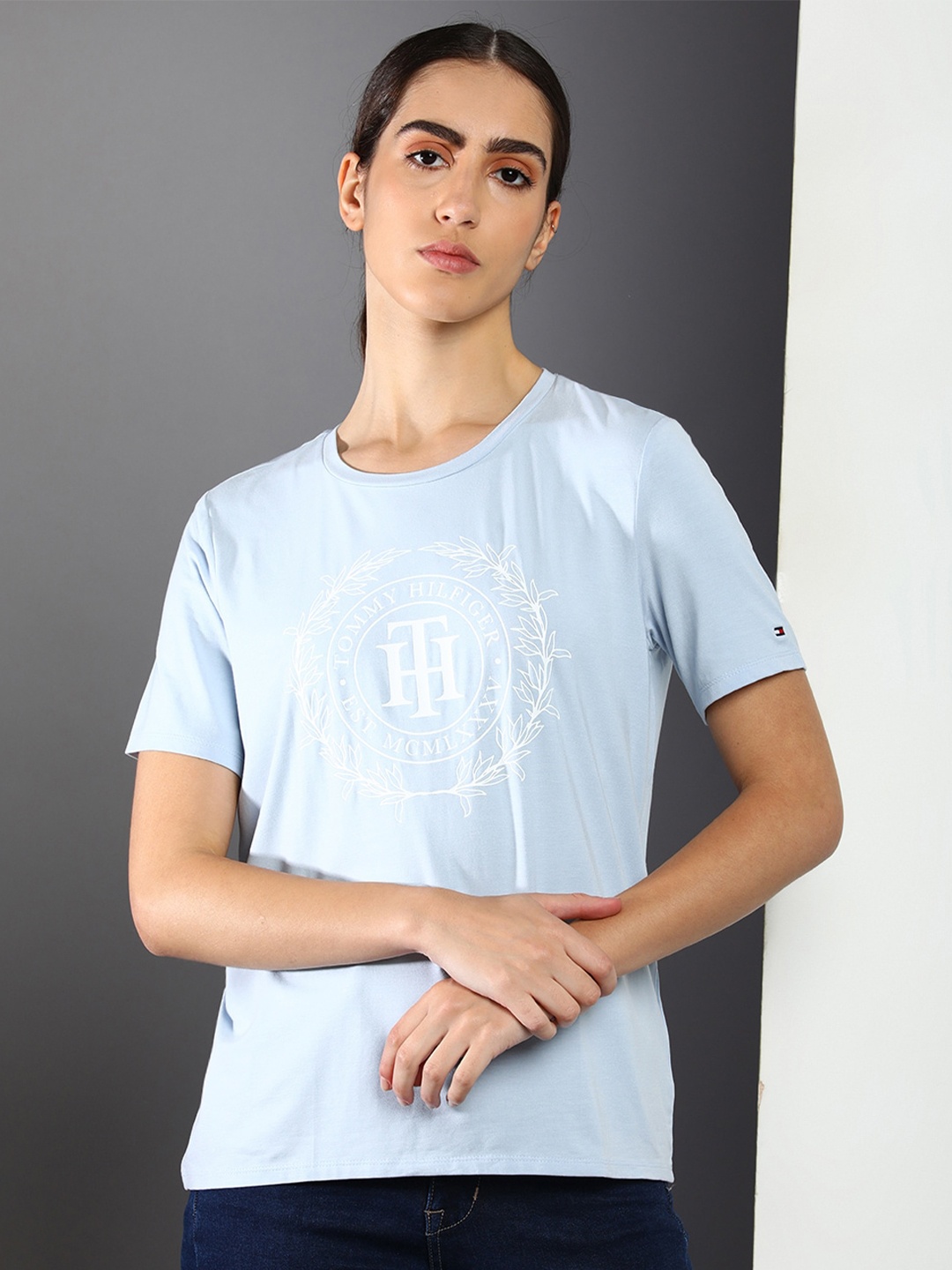 

Tommy Hilfiger Women Typography Printed Short Sleeves Round Neck T-shirt, Blue