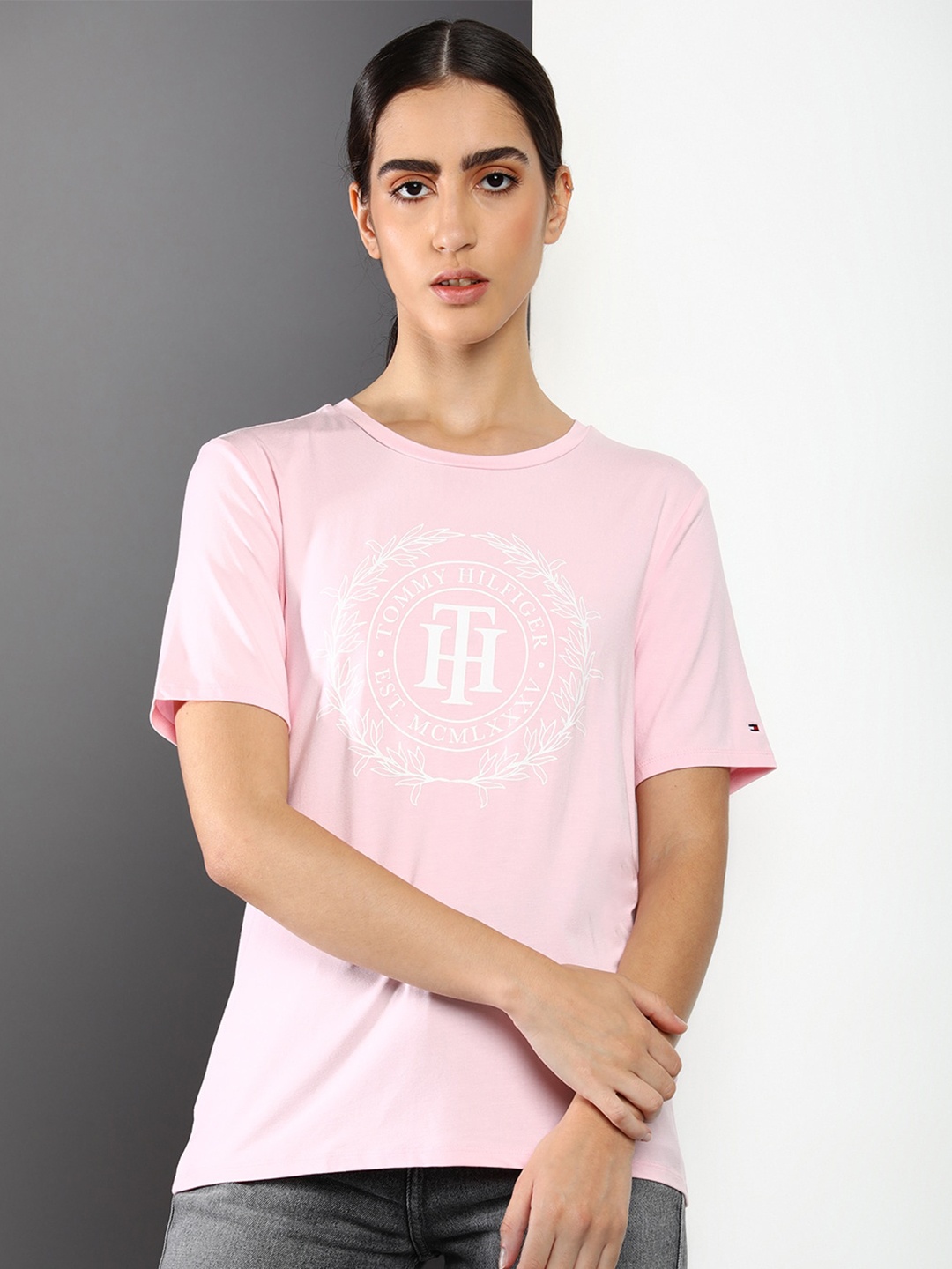 

Tommy Hilfiger Women Typography Printed Round Neck T-shirt, Pink