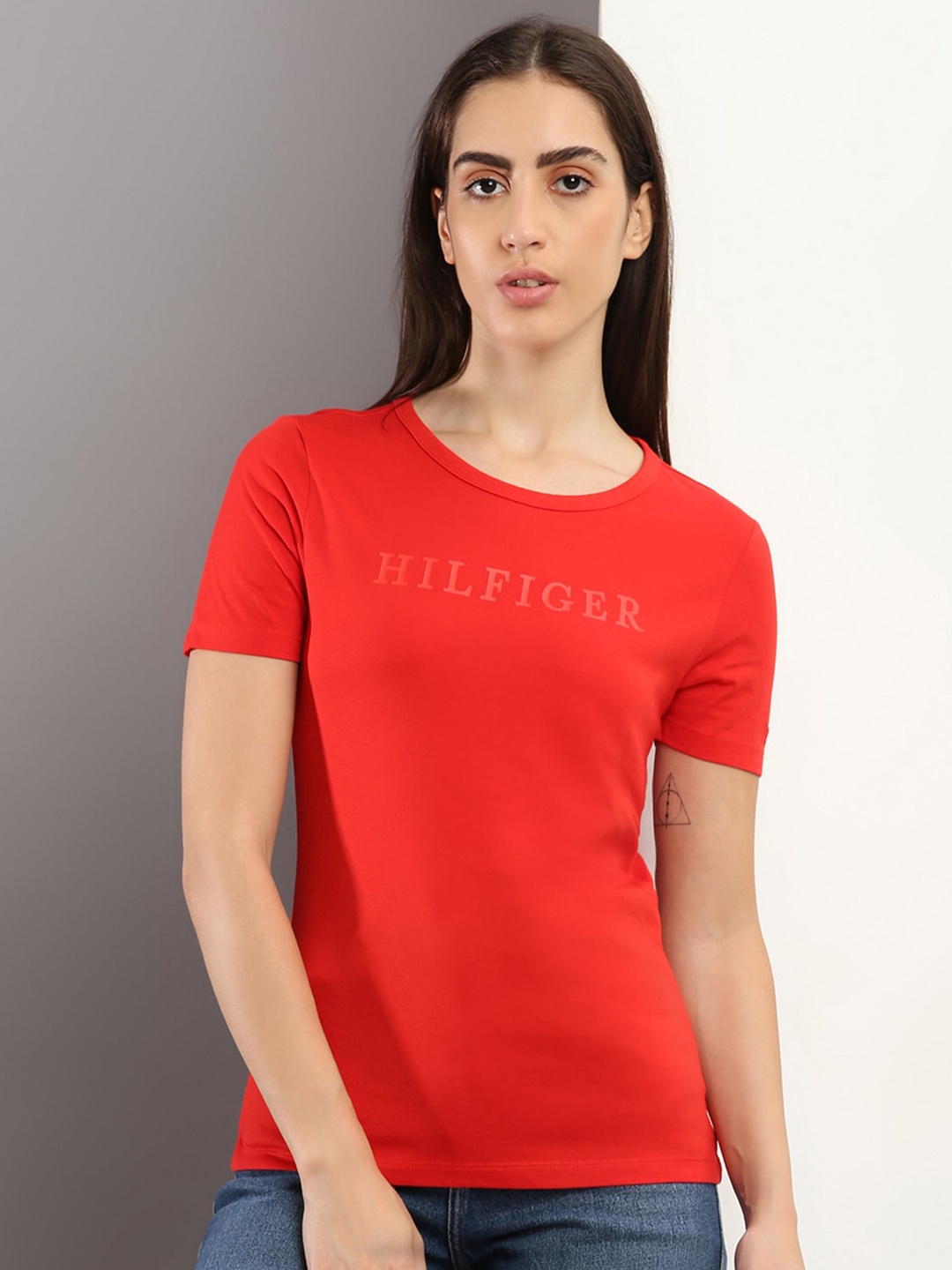 

Tommy Hilfiger Typography Printed Cotton Slim Fit T-shirt, Red