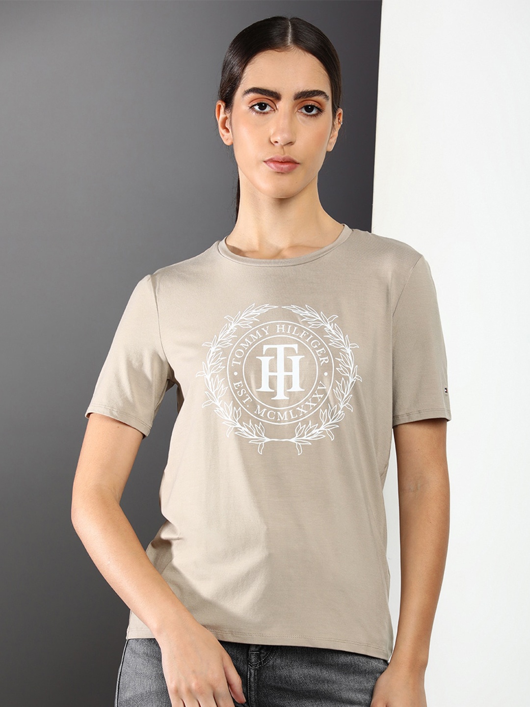 

Tommy Hilfiger Typography Printed Round Neck T-shirt, Khaki