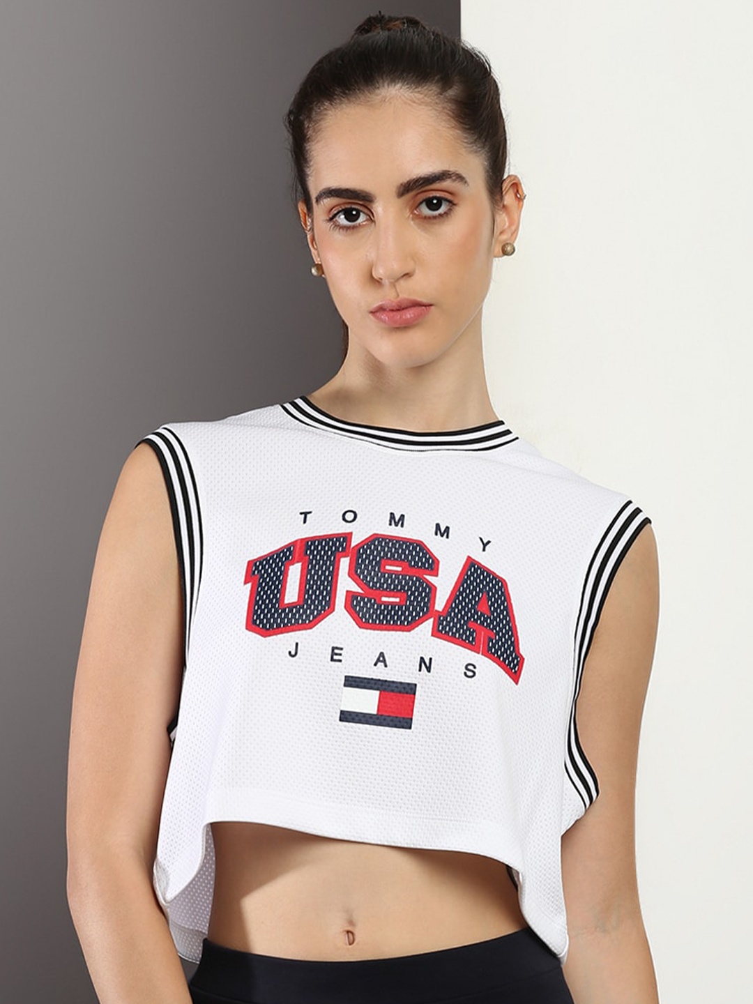 

Tommy Hilfiger Round Neck Sleeveless Typography Printed Cropped T-shirt, White