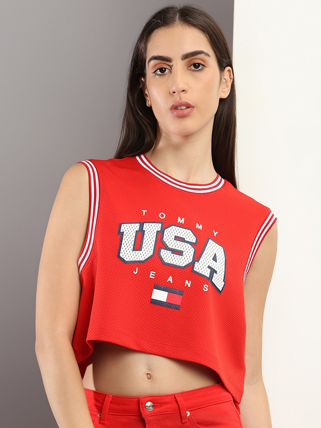 

Tommy Hilfiger Women Typography Printed Sleeveless Round Neck Crop T-shirt, Red