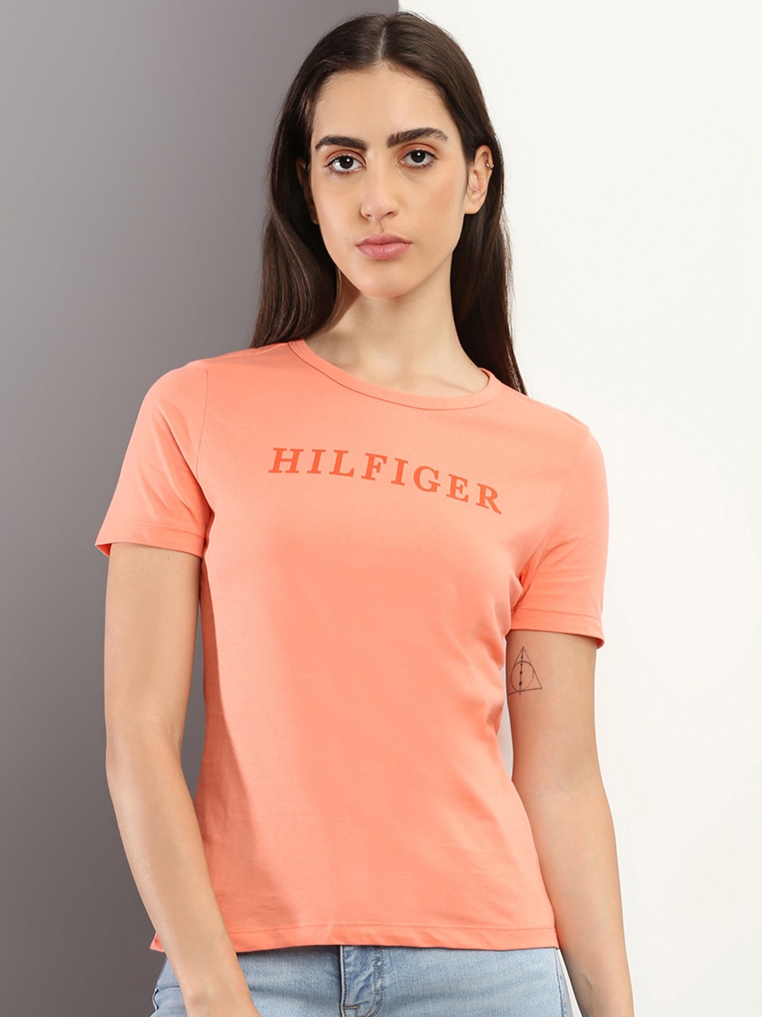 

Tommy Hilfiger Typography Printed Slim Fit Cotton T-shirt, Orange