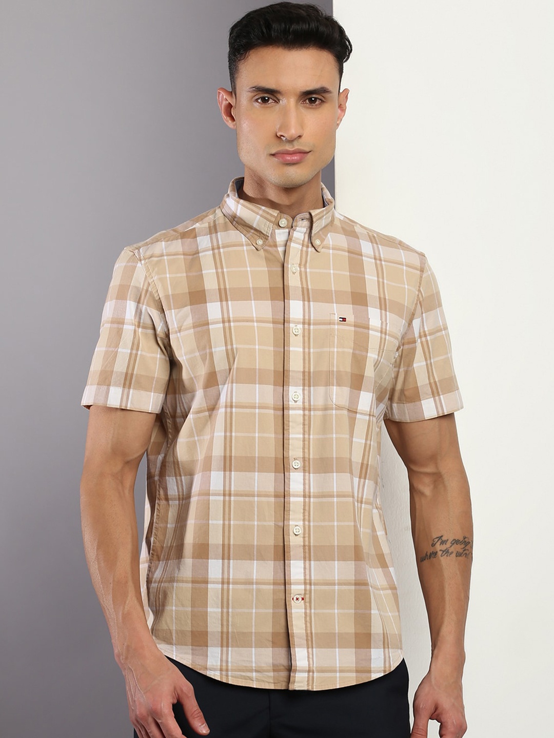 

Tommy Hilfiger Tartan Checked Cotton Button-Down Collar Casual Shirt, Beige