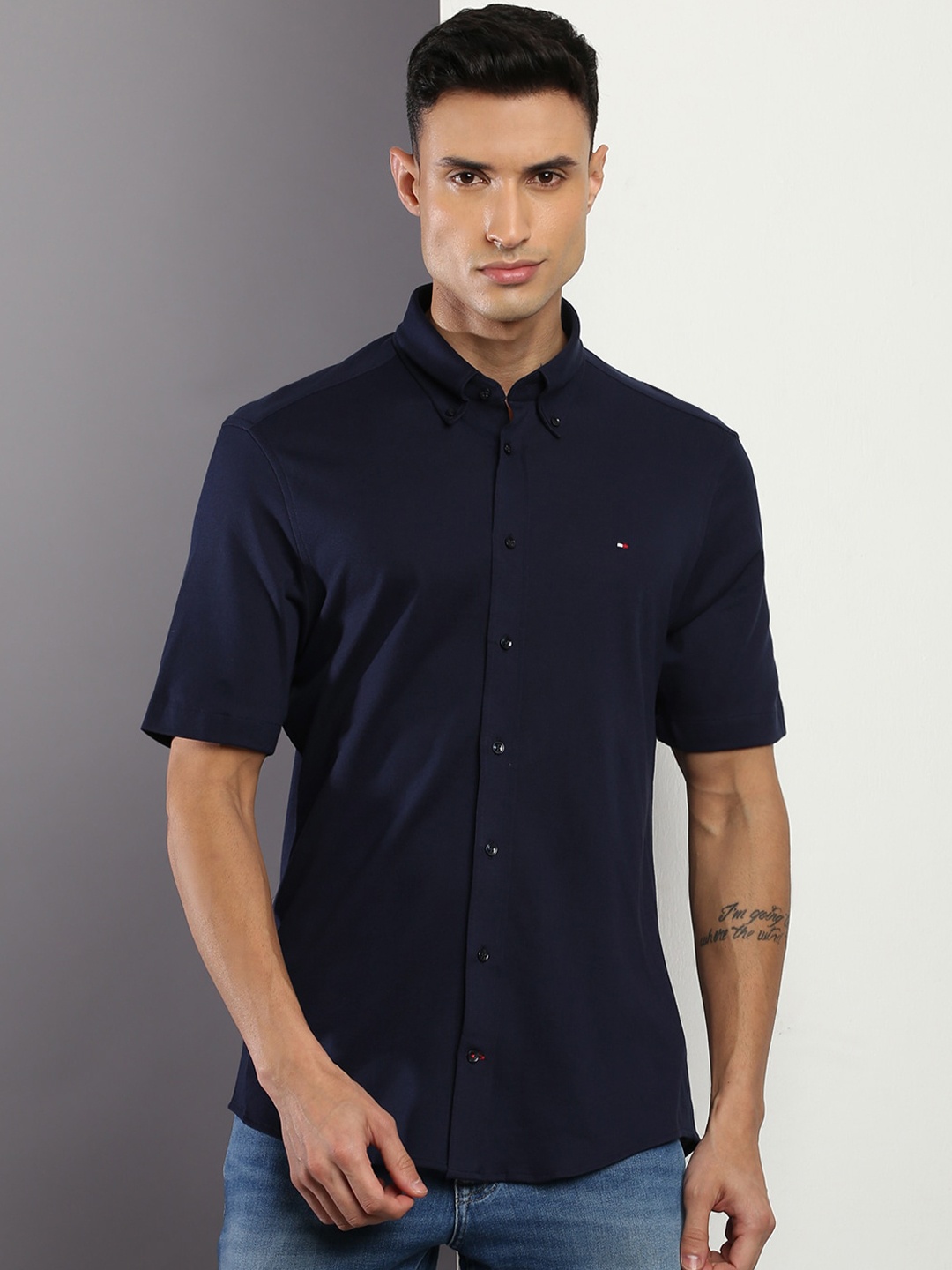 

Tommy Hilfiger Regular Fit Button-Down Collar Cotton Casual Shirt, Navy blue