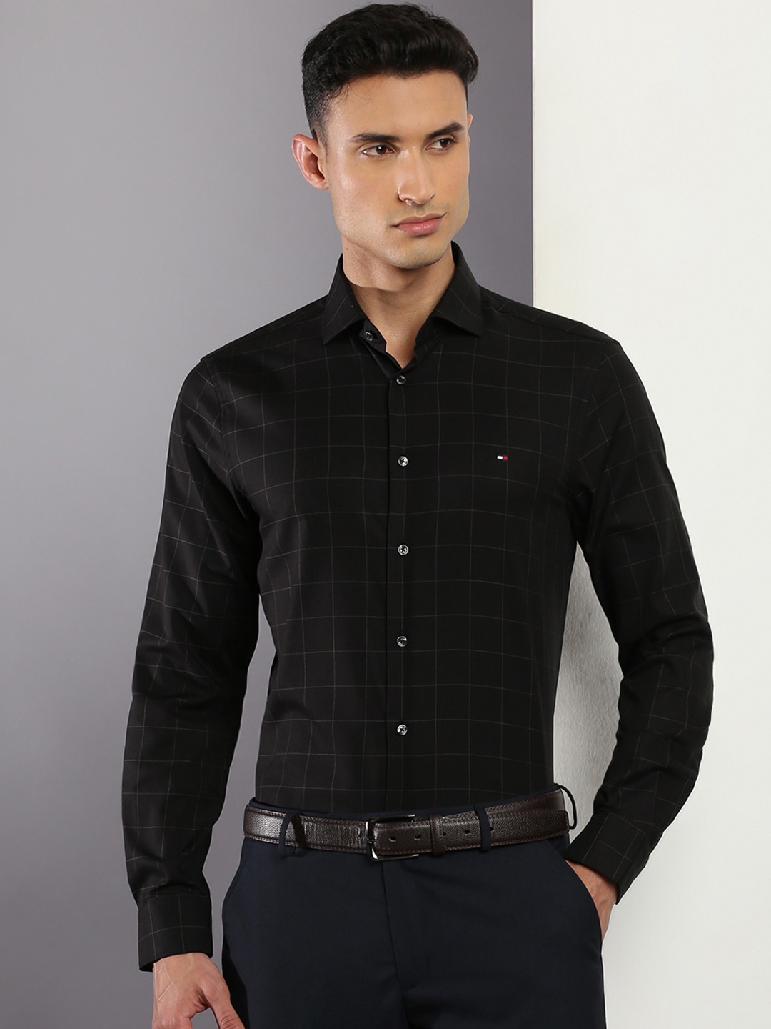 

Tommy Hilfiger Windowpane Checks Slim Fit Formal Shirt, Black